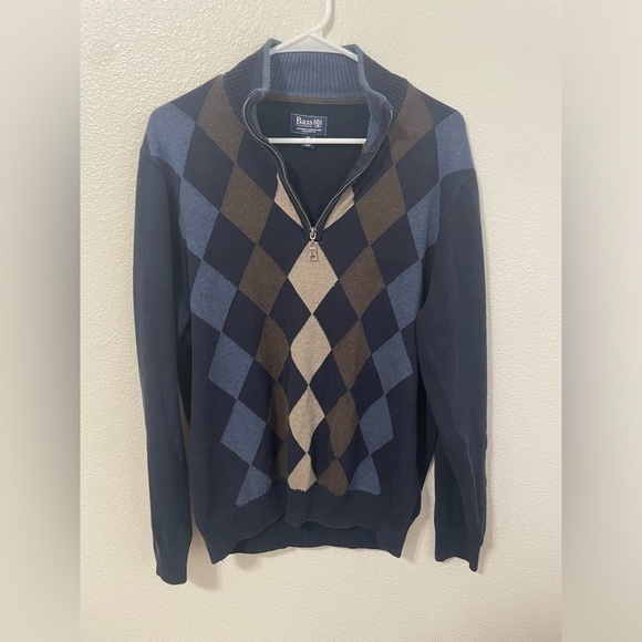Bass Argyle Quarter Zip Pullover Sweater Blue Brown Knit Mens Size M - Picture 1 of 9